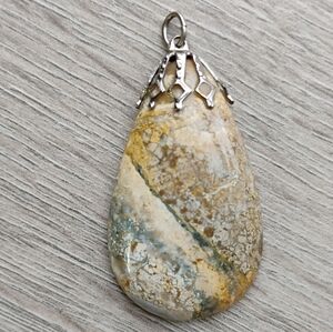 Vintage Ocean Jasper Gemstone Pendant Teardrop Shaped Crystal 1.75"